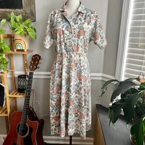 Vintage 90s A-Line Dress Neutral Mauve Blue Floral Bohemian Size Medium